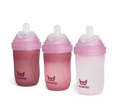 3-pak Glasbabyflasker 220 ml, varmeindikator med silikonebetræk, Rose